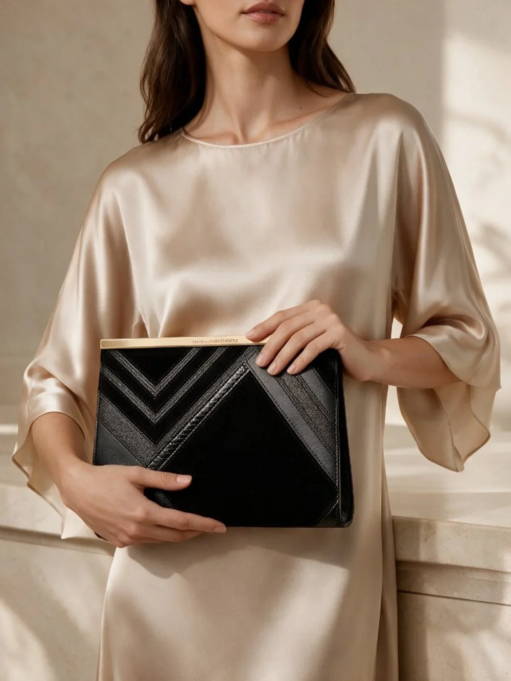 DVF Diane Von Furstenberg Black Suede Leather Gold Chain Handbag / Clutch